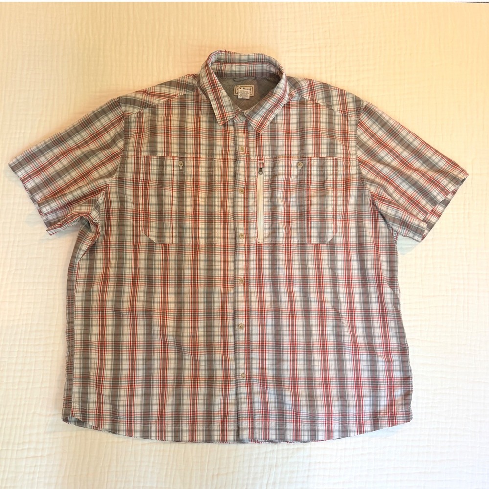 LL Bean Mens XXL Plaid Short Sleeve Fishing Hiking Shirt Red Gray 296979